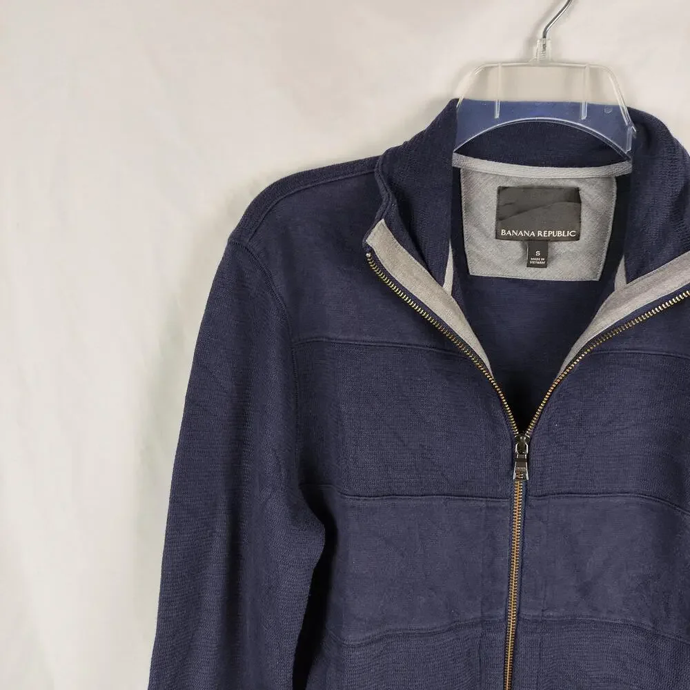 Banana Republic Sweater Mens Small Blue Full Zip Mock Neck Knit Pockets Casual